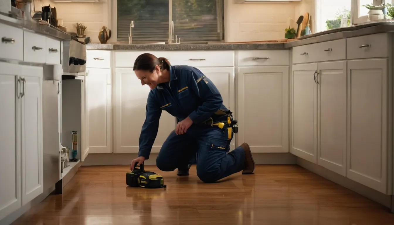 Pest control provider inspecting a kitchen baseboard in a Boulder home while a homeowner looks on