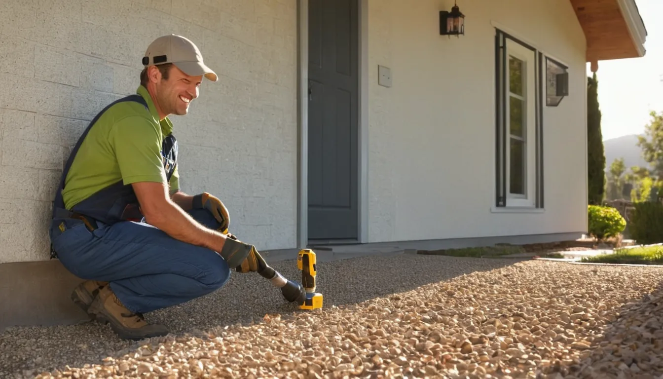 Pest control provider inspecting the foundation of a frame home for termites near Boulder